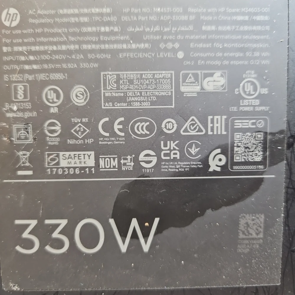 HP Omen X 330W Laptop Power Adapter And Cable Original Gaming-17 Charger